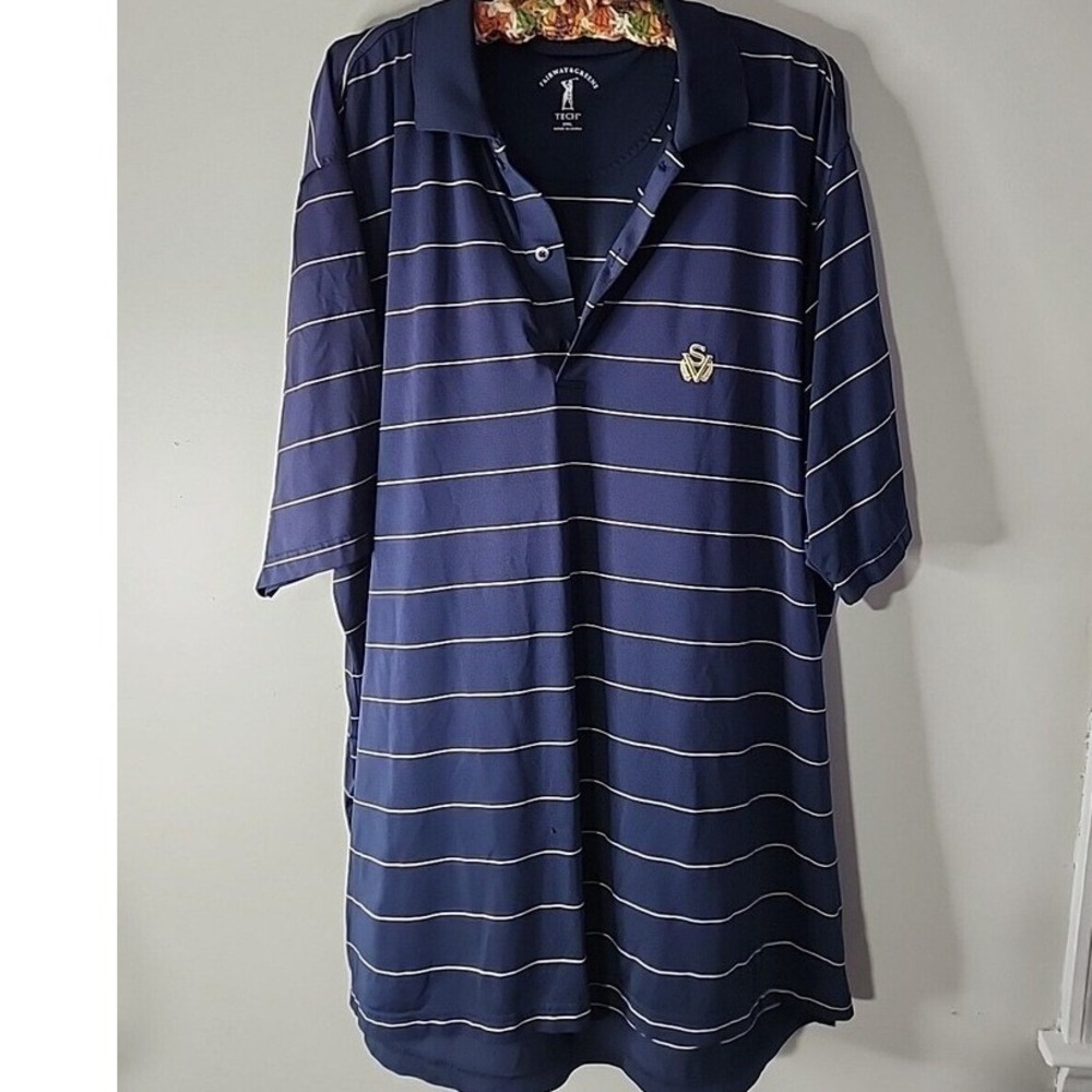 Fairway & Greene Tech Mens 2XL Navy Blue Striped SV Logo Golf Polo Shirt